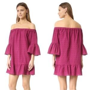 NEW LIKELY Stockton Off-The-Shoulder Cotton Bell-Sleeve Dress 6 in Sangria